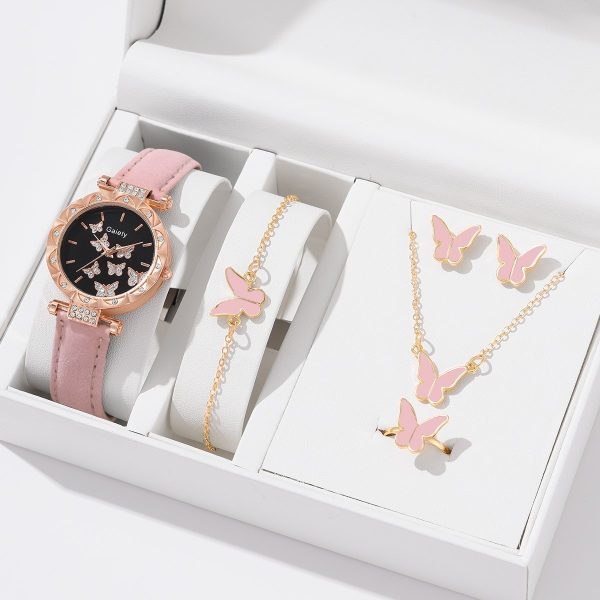 6pcs Luxury Watch Women Ring Necklace Earrings Bracelet Set Watches Butterfly Leather Strap Ladies Quartz WristWatch No Box - 图片 6