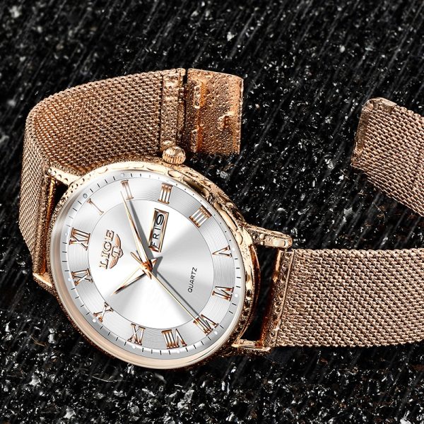 LIGE Brand Women Watches Ultra-thin Luxury Quartz Watch Fashion Ladies Clock Stainless Steel Waterproof Calendar Week Wristwatch - 图片 2