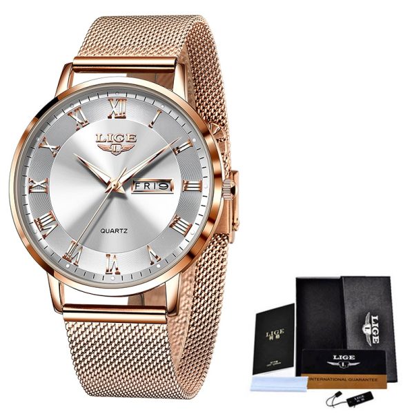 LIGE Brand Women Watches Ultra-thin Luxury Quartz Watch Fashion Ladies Clock Stainless Steel Waterproof Calendar Week Wristwatch - 图片 6