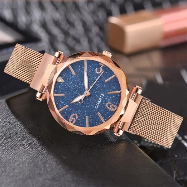 Luxury Fashion Women Blue Dial Quartz Watch Simple Rose Gold Mesh Belt Ladies Watch Relogio Feminino - 图片 2