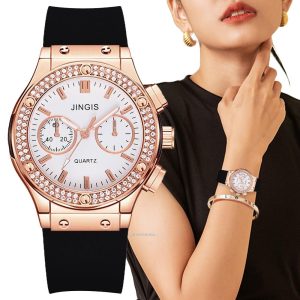 Luxury Fashion Women Silicone Watches High End Double Diamond Scale Dial Ladies Quartz Wristwatches Casual Unisex Clock Watch