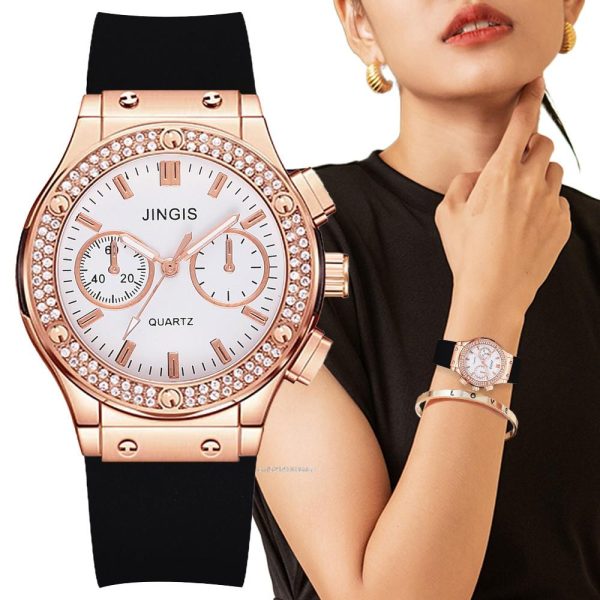 Luxury Fashion Women Silicone Watches High End Double Diamond Scale Dial Ladies Quartz Wristwatches Casual Unisex Clock Watch