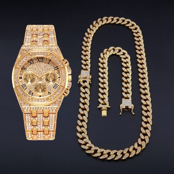 New Luxury Ice Out Diamond Watch Bracelet Necklace Men Women Miami Cz Cuban Chain Hip Hop Jewelry - 图片 2