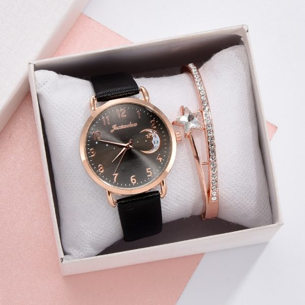 Women Watch Moon Numbers Dial Bracelet Watches Set Ladies Leather Band Quartz Wristwatch Women Female Clock Relogio Mujer Hot - 图片 2